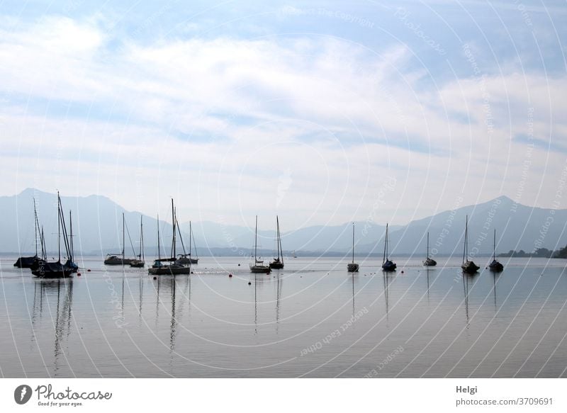 morgens am Chiemsee - viele Segelboote warten am Morgen auf dem Chiemsee auf ihren Einsatz, Spiegelungen im Wasser, Berge im Hintergrund, blauer Himmel mit Wölkchen