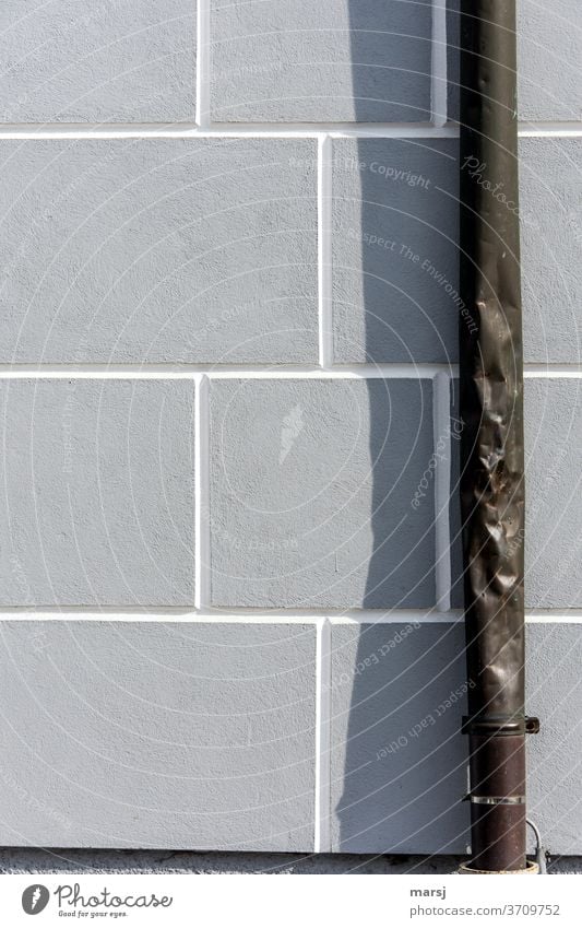 Regenrohr hatte Feindkontakt und wirft einen Schatten auf Hausfassade. Fallrohr Fassade Architektur Wand Gebäude Blitzableiter Geometrisch Strukturen & Formen