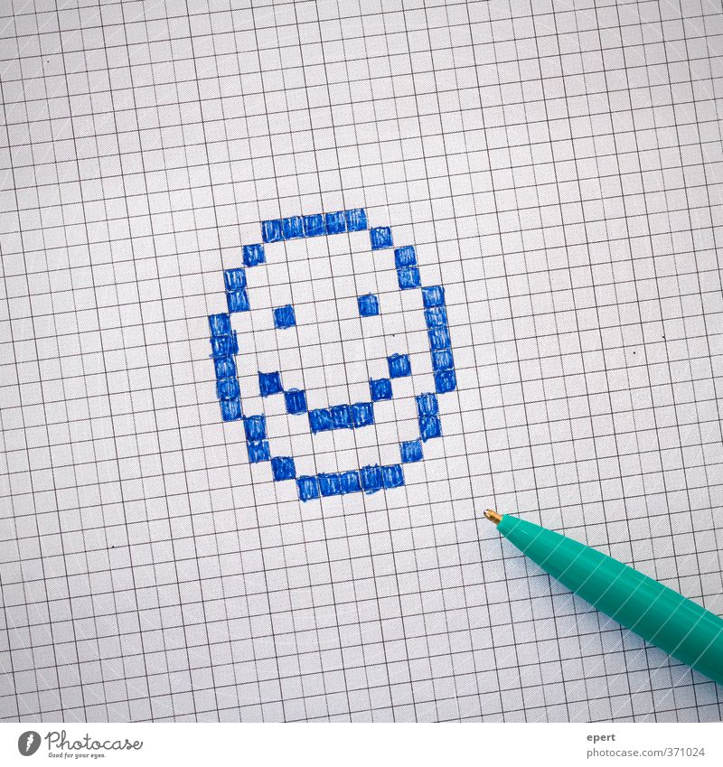 Binärbild analog Papier Zettel Schreibstift Kugelschreiber Zeichen zeichnen Fröhlichkeit lustig Kreativität malen Smiley kariert Farbfoto Innenaufnahme