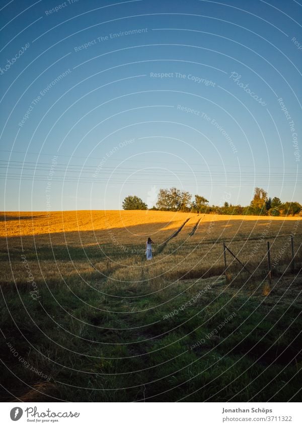 junge Frau läuft auf einem Feldweg in der Abendsonne Ernte Feldrand Getreide Getreidefeld Gluten Himmel Junge Frau Landwirtschaft Rückansicht Sommer Strom