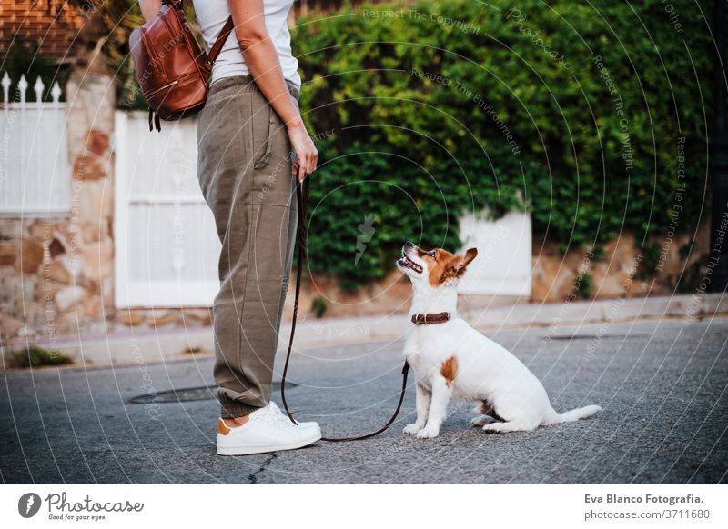 Nahaufnahme einer jungen Frau im Freien mit Schutzmaske, daneben süßer Jack-Russell-Hund. Neues normales Konzept Straße neue Normale jack russell Haustier