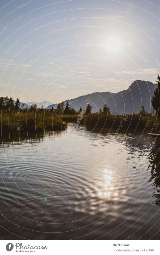 Blick über den See, Berge im Hintergrund Reflektion Wasser Natur Reflexion & Spiegelung reflektion ruhig Himmel Sonnenuntergang Glätte Licht Gewässer Idylle