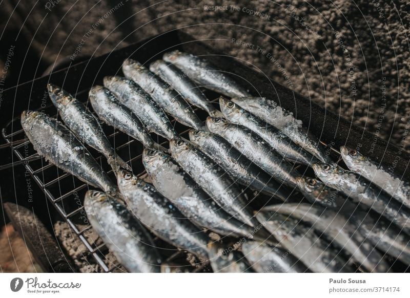 Fisch auf dem Barbecue-Grill Sardinen Grillrost gegrillt Gegrillter Fisch Grillen Grillsaison Grillkohle gegrilltes Fleisch Außenaufnahme Sommer heiß Ernährung