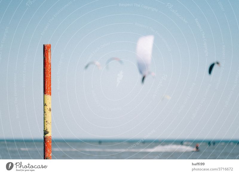 Badezonenberenzung mit Kite Surfern im Hintergrund Badestrand Strand Nordsee Kiter Kitesurfer Kitesurfen Begrenzung Badebereich Stangen Markierungslinie