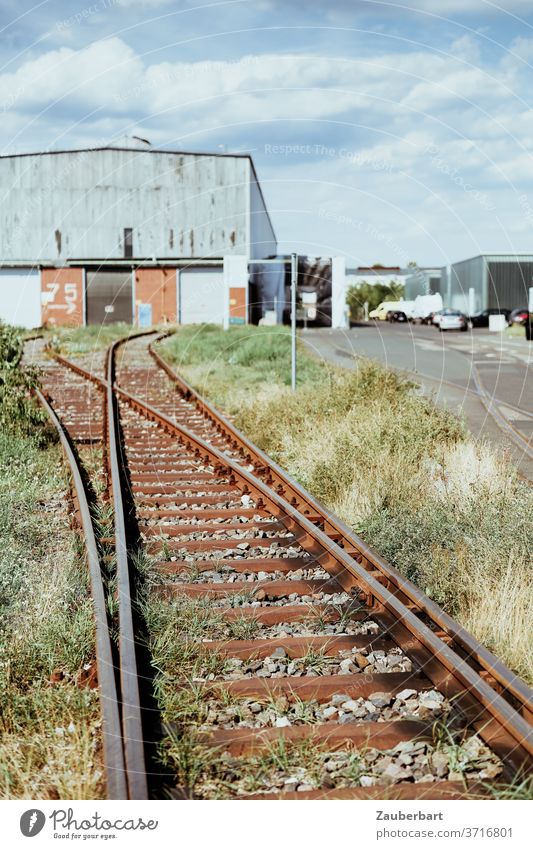 Gleise einer Werksbahn mit Weiche vor einer Fabrikhalle Eisenbahn Bahngleis Lagerhalle alt Stillstand Verfall Vergänglichkeit Ruhe Mittag Pause Werksferien Weg