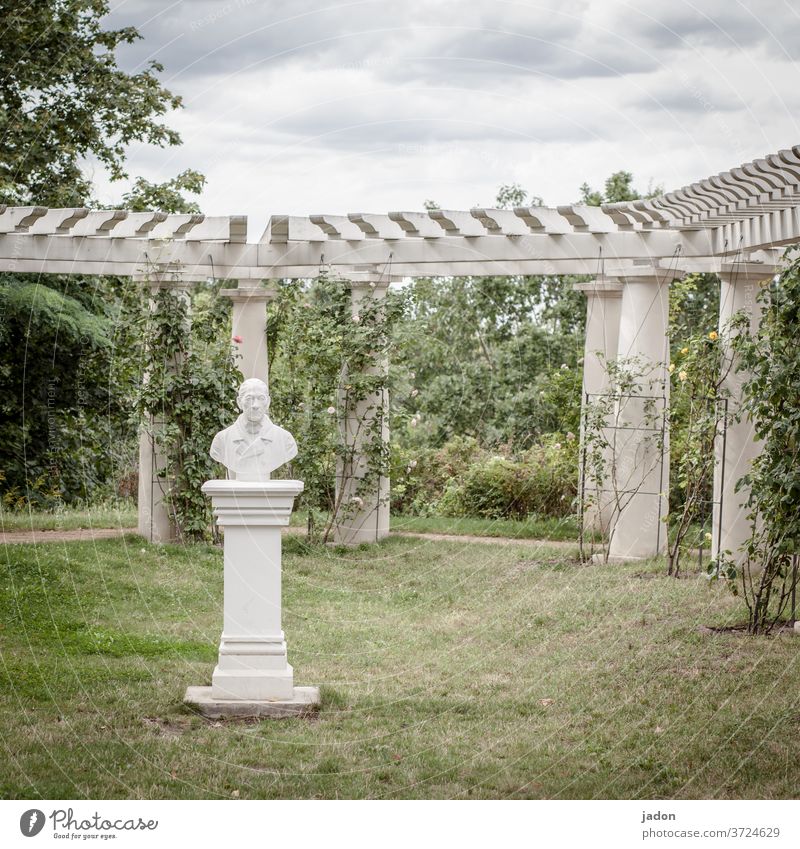 wredow, august julius. Büste Skulptur Denkmal historisch alt Kunst Bildhauer Außenaufnahme Kultur Farbfoto Künstler Stifter Stiftung Himmel Pergola Pflanzen