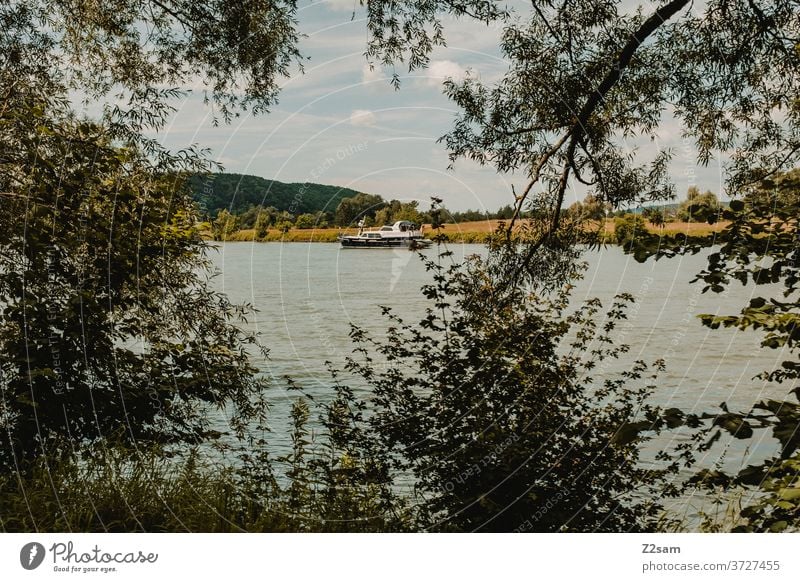 Motorboot auf der Donau motorboot donau fluß wasser grün bäume sträucher natur landschaft himmel bayern deutschland Baden Würtemberg blätter pespektive aussicht