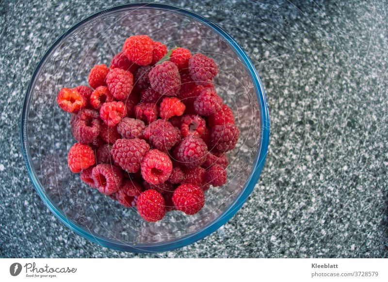 Himmbeeren frisch geerntet aus dem Biogarten angerichtet in einer Glasschale warten darauf vernascht zu werden Frisch Bioprodukte Lecker Rot