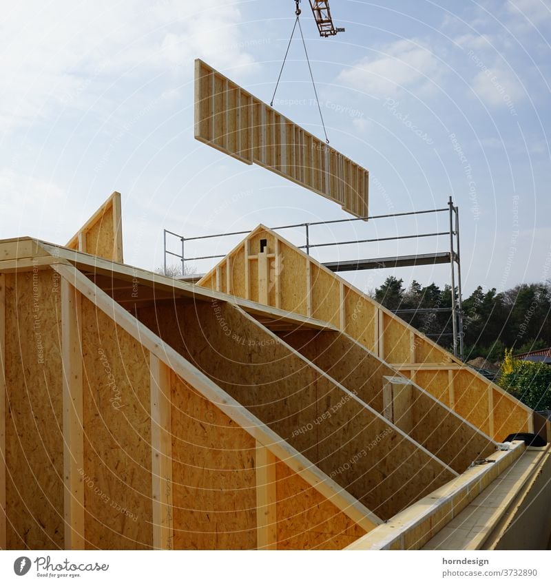 Holzbau Baustelle: Wand am Kran Holzhaus Holzrahmenbau Zimmerei Zimmermann Rohbau OSB-Platten Balken Dachgiebel Architektur Außenaufnahme Gebäude Bauwerk