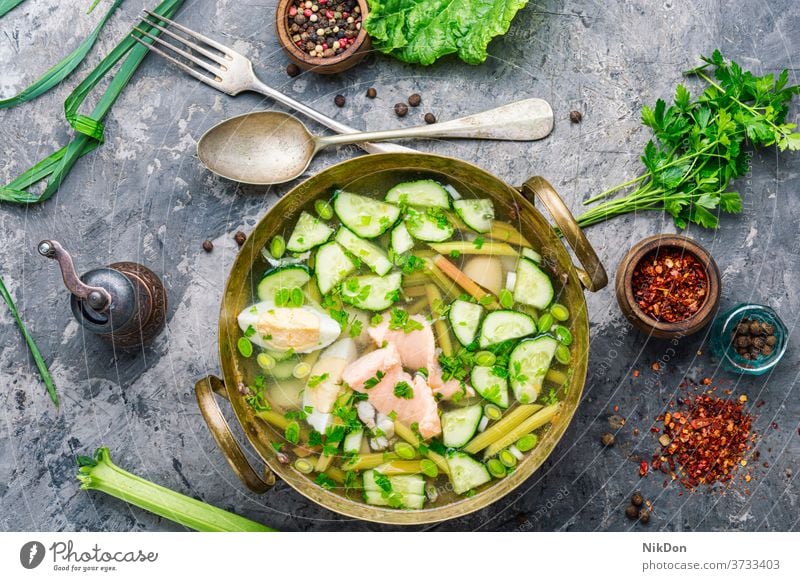 Gemüsesuppe mit Fisch Suppe Rhabarber Schalen & Schüsseln Gesundheit grün frisch Kraut Teller Lachs Diät flache Verlegung Ei Gewürz Meeresfrüchte Salatgurke