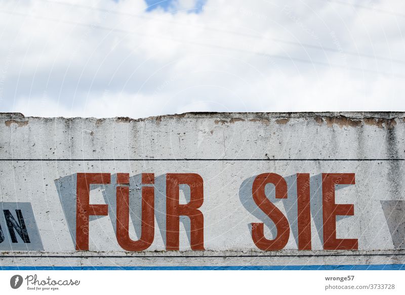 Werbung > FÜR SIE < in Großbuchstaben auf eine Wand geschrieben Schrift Schriftzeichen Text für sie alt Wandmalereien Wort Menschenleer Farbfoto Tag