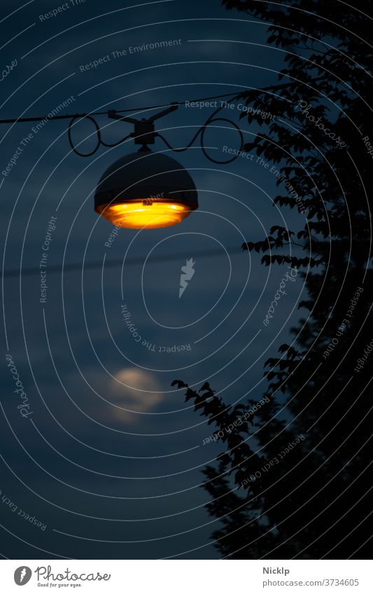 orangene Straßenlampe in Amsterdam vor Abendhimmel mit Vollmond in Unschärfe Mond Straßenlaterne Stimmung romantisch Nacht Laterne Lampe blau Silhouette