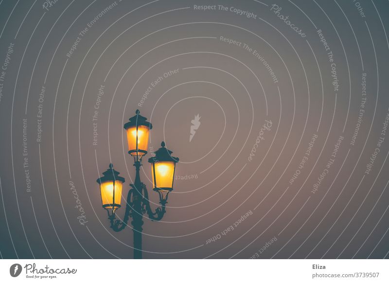 Eine altmodische Straßenlaterne leuchtet im Dunkeln Laterne nachts abends Licht Himmel Außenaufnahme Straßenbeleuchtung erhellen stimmungsvoll Lampe Beleuchtung