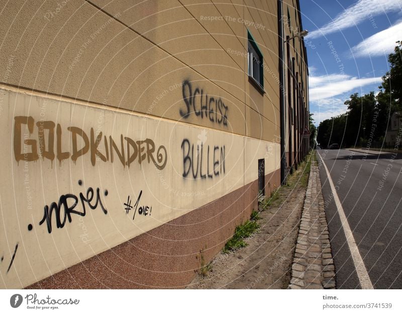 Kontrastprogramm mauer grafitti himmel wand pflastersteine baum architektur weg bordsteinkante kräftemessen skurril macht widerstand rebellisch straße haus gold