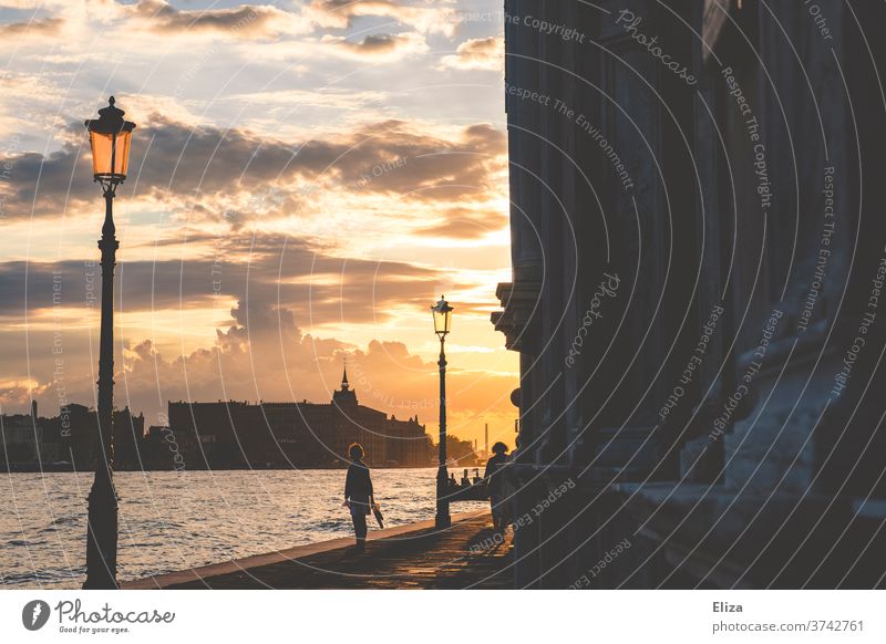 Uferpromenade in Venedig mit Blick auf Giudecca bei Sonnenuntergang Italien Kai Abenddämmerung Laternen Stadt Küste Lagune Hafenstadt Abendlicht abends Abendrot