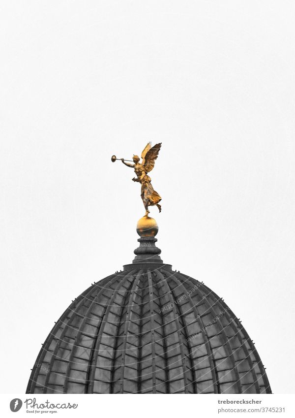 Goldene Skulptur Fama oder Pheme auf der Kuppel der Sächsischen Kunstsammlung in Dresden fama Ausschnitt schwarz-weiß farbig gold golden pheme copyspace