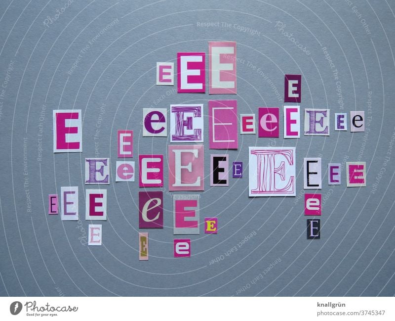 Ee Buchstaben Typographie Schriftzeichen Wort Text Zeichen anonym mehrfarbig Collage ausgeschnitten Zeitschrift Zeitung Printmedien zeitungsbuchstaben