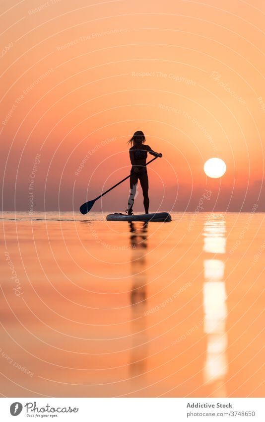 Anonyme Frau übt auf Paddleboard bei Sonnenuntergang Paddelbrett Surfer Zusatzplatine Silhouette Reihe MEER Training Surfbrett Sommer Holzplatte sportlich