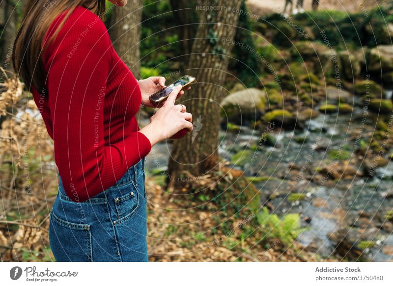 Reisende Frau beim Surfen auf dem Smartphone im Wald Reisender Browsen zuschauend Fluss Wälder Gedächtnis Natur valle del jerte Cacere Spanien Tourist Ufer