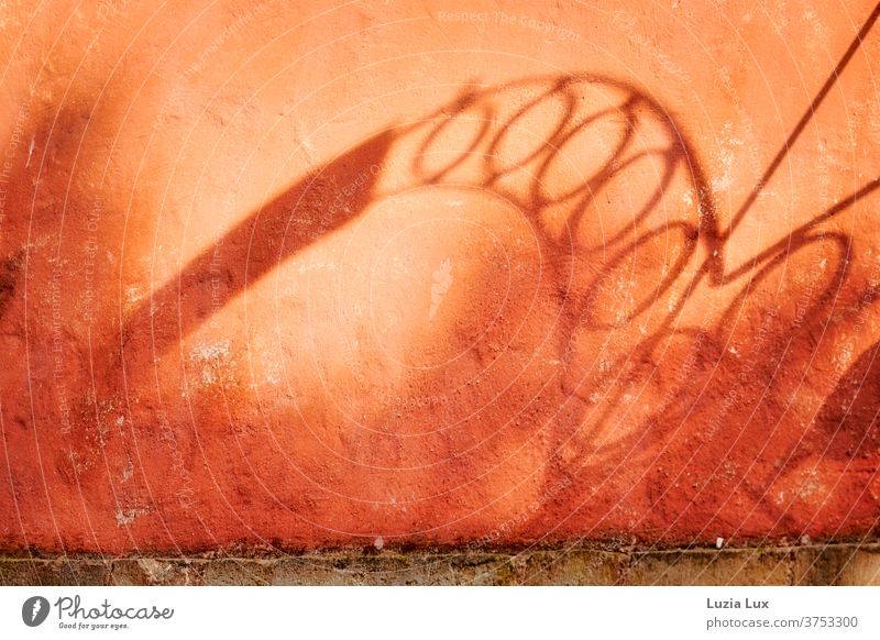 Schatten eines altmodischen Wirtschaftsschilds an einer leuchtend orangen Wand Architektur Menschenleer Fassade Außenaufnahme Gebäude Licht Haus Kontrast