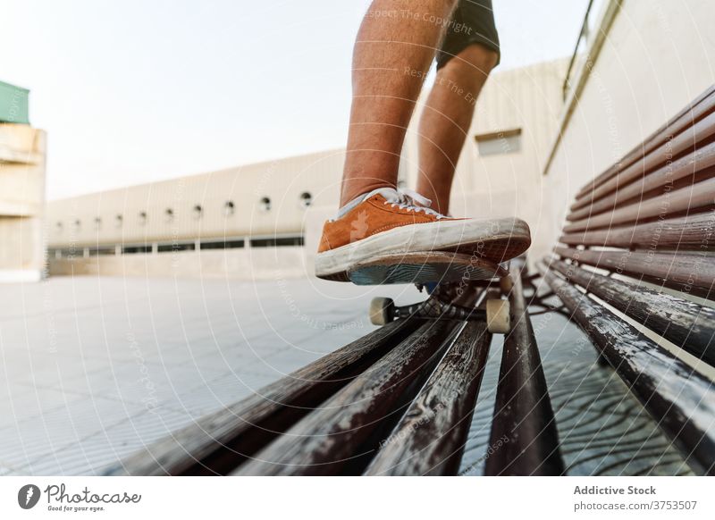 Crop Skater macht Trick auf Bank in der Stadt Skateboard Mann Großstadt Hobby Stunt Schlittschuh urban Stil männlich Fähigkeit Talent Turnschuh hölzern cool