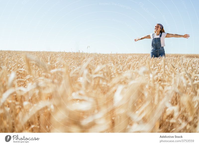 Sorglose Frau im Feld im Sommer sorgenfrei Landschaft Freiheit genießen Freude Weizen golden Natur Jeansstoff gesamt heiter Urlaub Wiese Himmel positiv