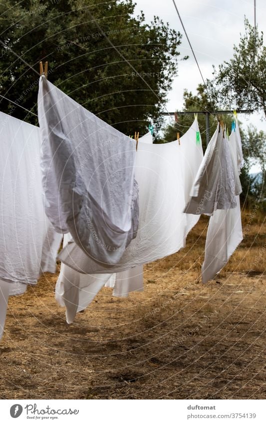 Zum trocknen aufgehängte Wäsche flattert im Wind Waschtag Leine Wäscheleine Wäschetrockner Sauberkeit putzen blasen waschen trocken reinigung Bettlaken