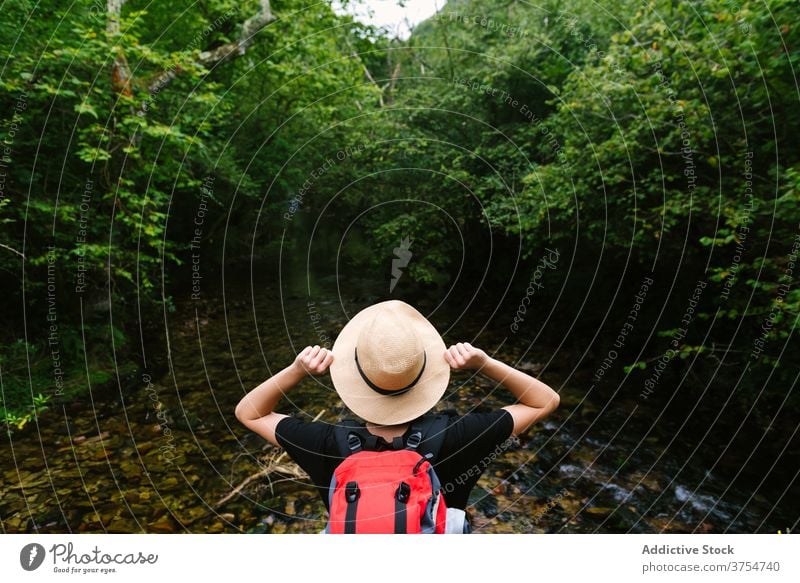 Reisende Frau mit Rucksack in der Nähe von Teich im Wald sorgenfrei Reisender Freiheit genießen See Wälder Urlaub Sommer Tourist Hut Windstille Ausflug reisen