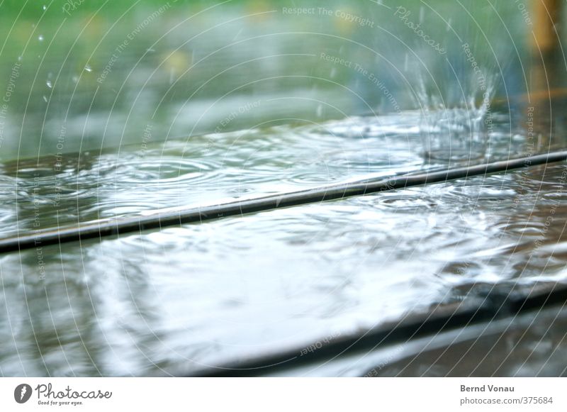 Sommerregen Wasser Wassertropfen Regen Garten nah nass braun grün weiß Terrasse Wetter Holz holzterrasse Neigung Fuge Treppe Farbfoto Außenaufnahme Nahaufnahme