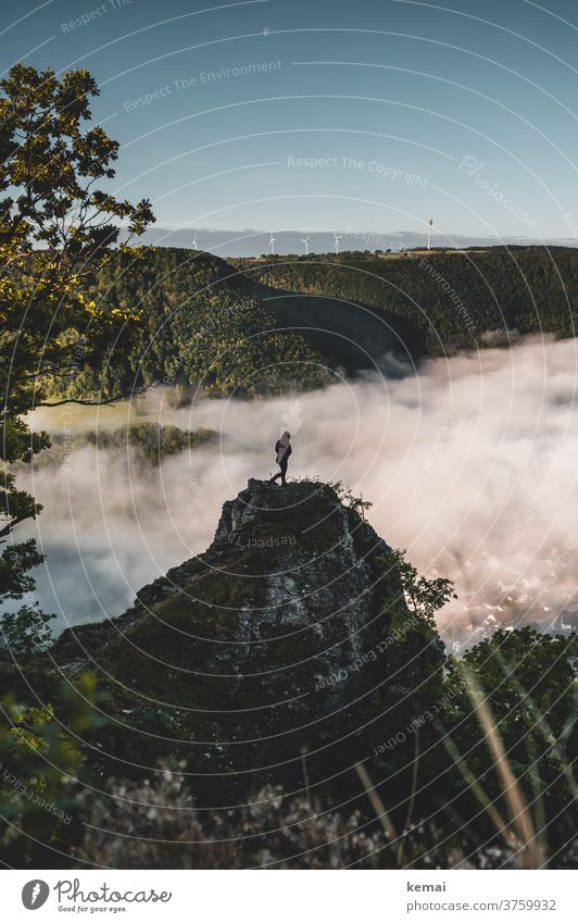 Mensch auf Felsen vor Nebelmeer Albtrauf Schwäbische Alb stehen grün blau Himmel wolkenlos Windrad Frühnebel Morgennebel Aussicht Weite allein Licht Landschaft