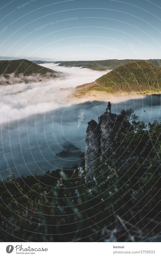 Person auf Fels über Nebel Natur Naturschauspiel Naturschönheit Mystik Nebelmeer Hügel Schwäbische Alb Stein Klippe Gras Frühnebel allein 1 stehen schauen