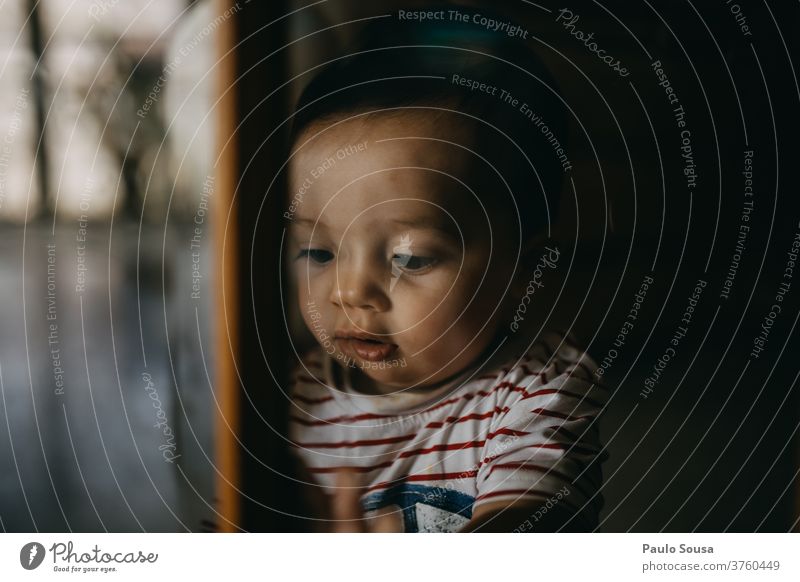 Kind am Fenster Kindheit Kleinkind zu Hause Innenaufnahme Gesicht Junge Interesse Tag Familie & Verwandtschaft Quarantäne Farbfoto zu Hause bleiben Nahaufnahme