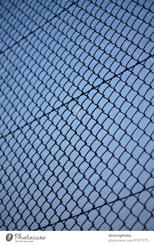 Maschen Draht Zaun und blauer Himmel am Abend Barriere grün Dinge Feld Außenaufnahme Grenze Menschenleer Natur Gitter Stacheldraht bedrohlich Sicherheit Schutz