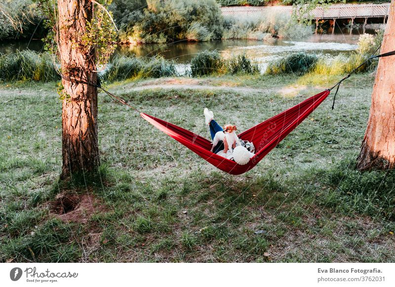 Rückenansicht einer jungen Frau, die sich mit ihrem Hund in orangefarbener Hängematte entspannt. Camping im Freien. Herbstsaison bei Sonnenuntergang