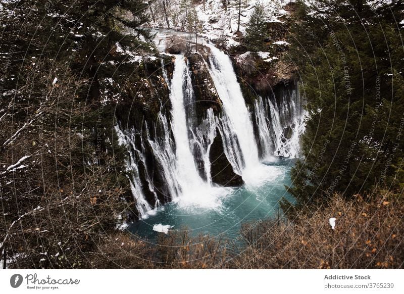 Wasserfall in verschneiten bergigen Wald im Winter Tag Schnee fließen Natur Landschaft Pool kalt strömen malerisch reisen Tourismus USA Vereinigte Staaten