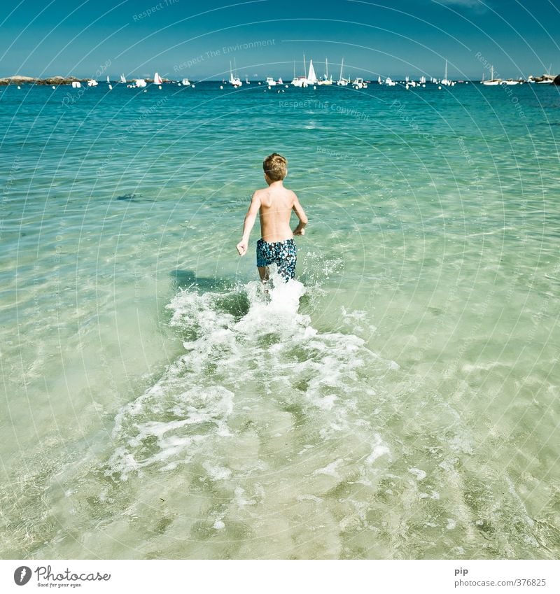 abkühlung Mensch Junge Kindheit Jugendliche Körper 1 Natur Wasser Sommer Schönes Wetter Wärme Küste Meer Schifffahrt Segelboot Hafen Badehose Schwimmen & Baden