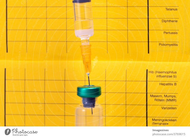 Spritze und deutscher Impfpass - Impfkarte, Impfungen gegen Masern, Mumps und Röteln, Hepatitis, Keuchhusten (Pertussis) Konzept für Forschung, Medizin, Pharmazie und Gesundheitswesen