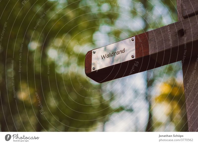 Schild am Waldrand. Es sagt dir: „Waldrand“ Wegweiser Natur Chemnitz Küchwald bokeh Waldspaziergang Holzschild Orientierung Außenaufnahme Farbfoto Menschenleer