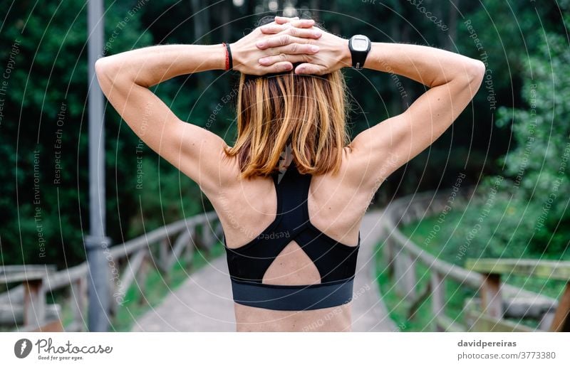 Nicht erkennbare Sportlerin, die im Freien die Arme streckt. unkenntlich rückwärts strecken Waffen Top Wellness Taille hoch schlank schlanke Gesundheit