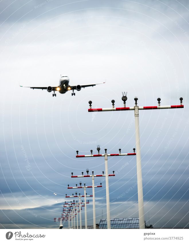 Landebahnbefeuerung und Flugzeug im Anflug Start-/Landebahnbefeuerung Flugverkehr Flughafen Fluglärm Airport Landeanflug Landung Luftfahrt Passagierjet