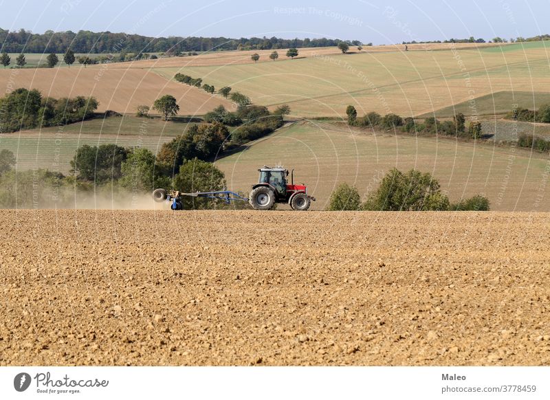 Traktor bei landwirtschaftlichen Arbeiten auf dem Feld Bauernhof Ackerbau Maschine Natur Land Landschaft Gerät Landwirtschaft Sommer Fahrzeug Industrie Weizen