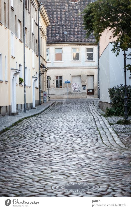 empty streets (30). Straße Pflasterweg Pflastersteine Außenaufnahme Menschenleer Tag Wege & Pfade Stadt grau Verkehrswege Farbfoto Bürgersteig Kopfsteinpflaster