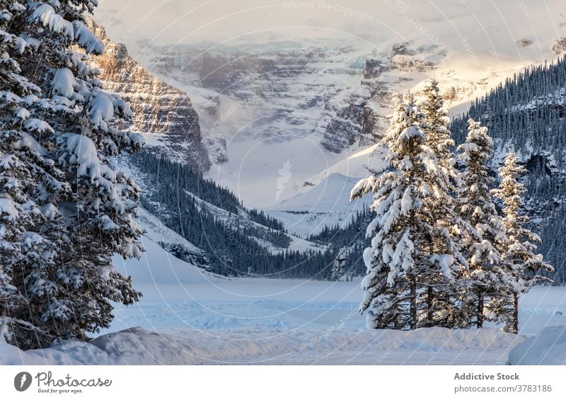 Winterlandschaft der Berge bei Sonnenuntergang Berge u. Gebirge Landschaft Straße Schnee Abend Saison kalt Hochland Gelände Himmel Natur Abenddämmerung ruhig