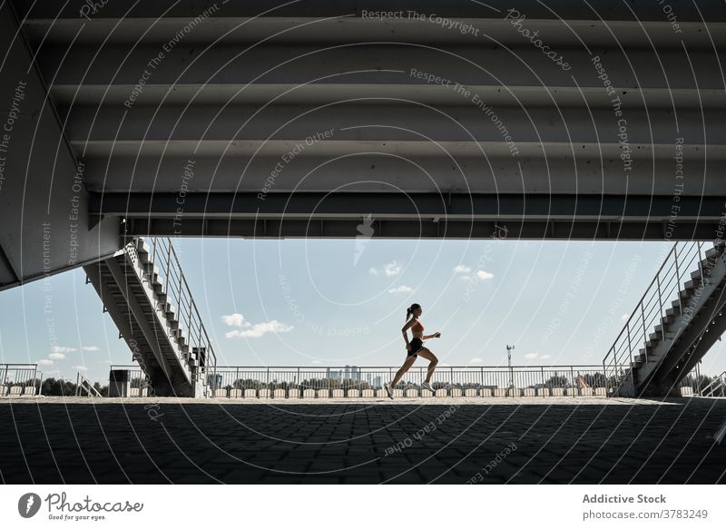 Aktive Frau läuft auf der Straße Sportlerin Läufer Training passen Athlet Fitness aktiv Wellness Silhouette laufen Herz Marathon Bewegung Kraft Sprint