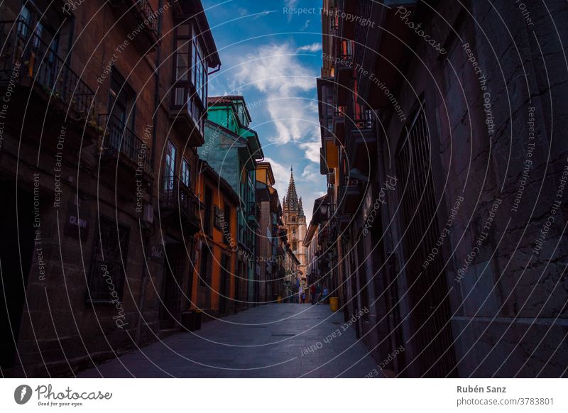 Mittelalterliche Straße Schatten Tag Außenaufnahme Perspektive Altstadt Stadt Kleinstadt Haus Wand rot Farbfoto Holz Pflastersteine Stadtzentrum blau Himmel eng