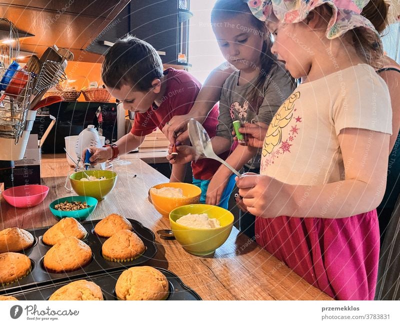 Kinder backen Muffins, bereiten Zutaten vor, dekorieren Kekse Cupcake dekorierend vorbereitend Essen zubereiten Familie heimisch Zusammensein Kindheit Glück