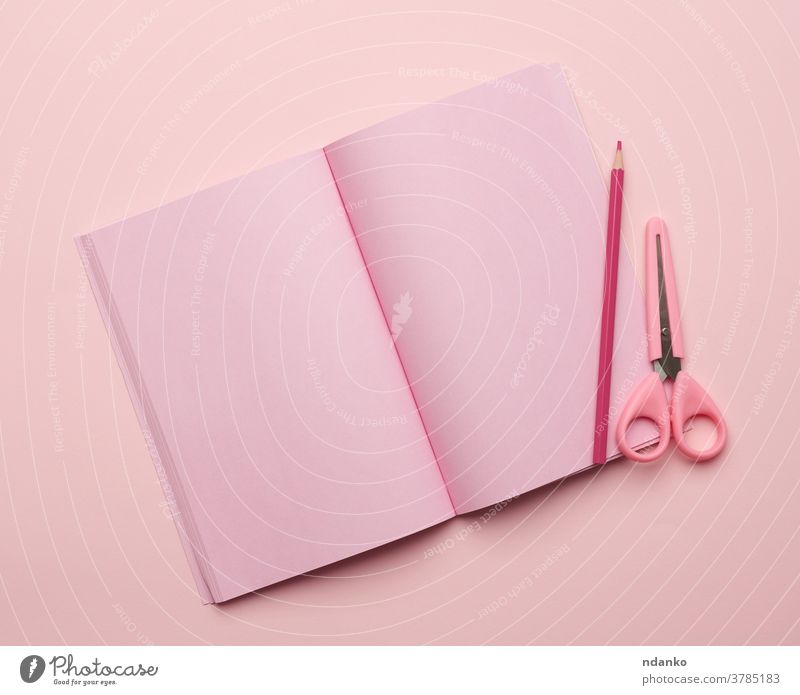 offenes Notizbuch mit leeren rosa Seiten auf rosa Hintergrund Schreibpapier oben blanko Buch Sauberkeit Konzept Design Tagebuch Bildung flach Tor legen List