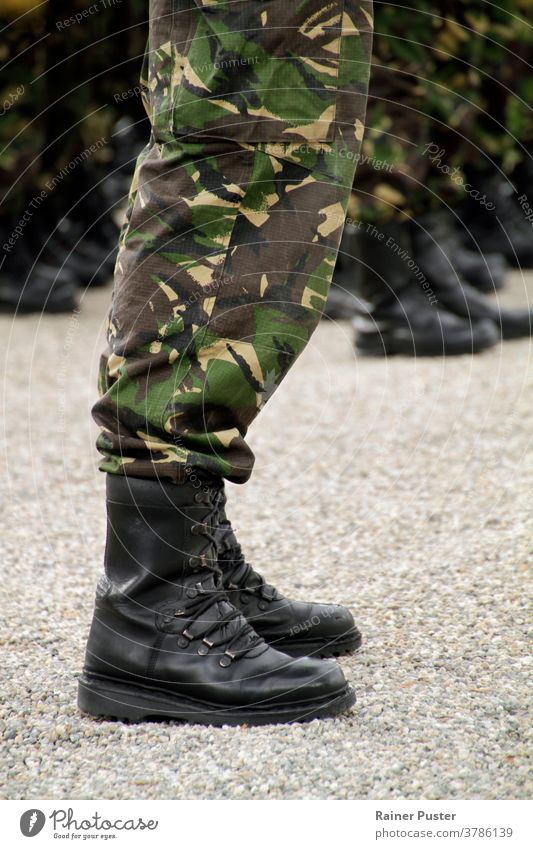 Soliders stehen in einer Reihe bei einer Militärparade Armee Tarnung Nahaufnahme Gerät bewachen Pistole Maschinengewehr Mann marschierend Männer Orden im Freien