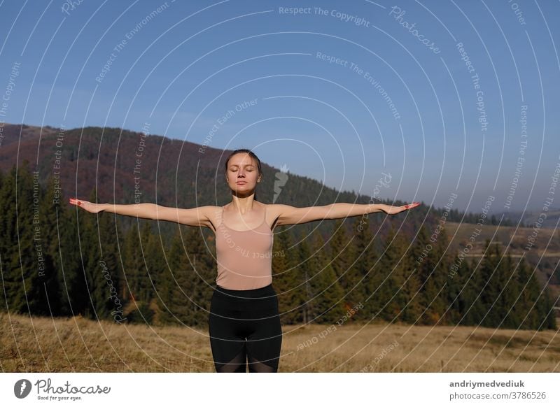 Junge Frau macht Dehnungsübungen in der Natur in den Bergen. Sportlerin beim Üben von Yoga-Pose in Leggins. schöne Waldlandschaft Zen sportlich Fitness