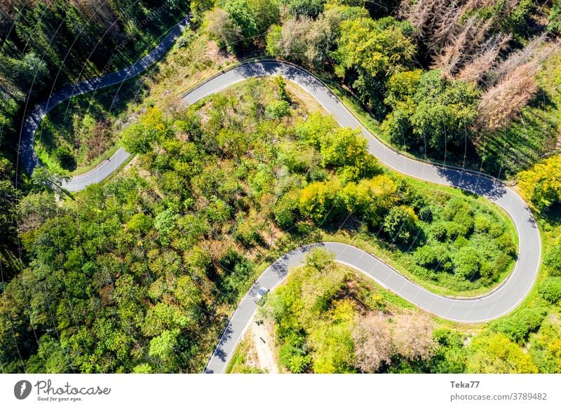 eine kurvenreiche Forststraße von oben PKW Auto von oben Forstweg Wald Wald von oben Straße von oben Beton Sommer Landschaft Transport Sonne Schatten